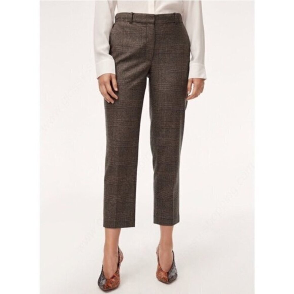 Aritzia Wilfred Pant Plaid Wool Crop Straight Leg Brown 2 Office Preppy Academia